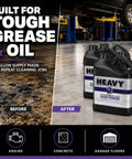 Before and after image of Heavy Duty Industrial Degreaser Concentrate for engine oil and shop floor grime cleanups.