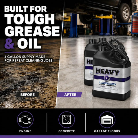 Before and after image of Heavy Duty Industrial Degreaser Concentrate for engine oil and shop floor grime cleanups.