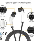 Type 2 to Type 1 EV Charging Cable with Type 2 Male and Type 1 Female Plugs, 32 Amp, solid TPU, 16ft length.