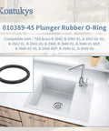 Plunger Rubber O Ring for 3 Tier Sink Drain and Twist Waste Drain Valve, eight-pack, shown next to a modern kitchen sink