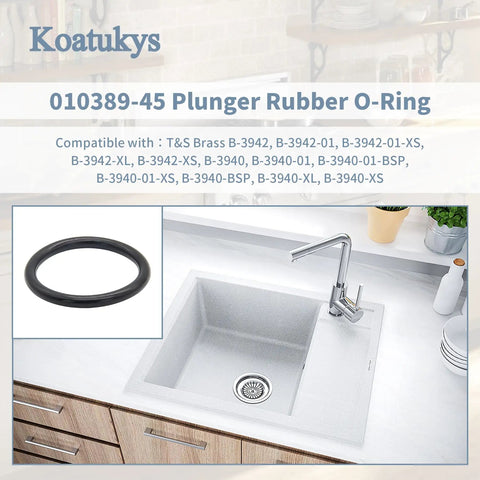 Plunger Rubber O Ring for 3 Tier Sink Drain and Twist Waste Drain Valve, eight-pack, shown next to a modern kitchen sink