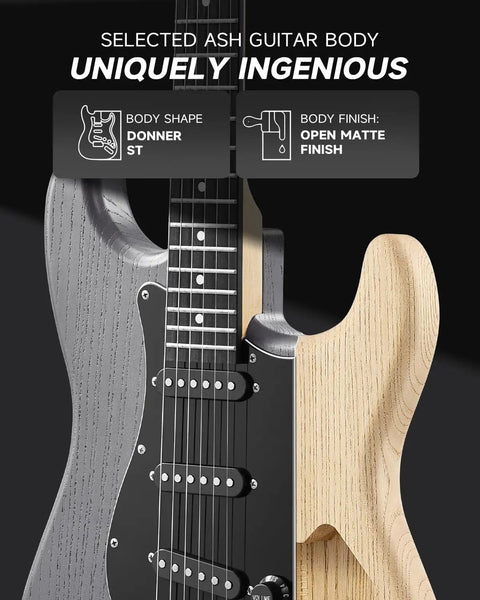 Starter Electric Guitar Kit With 39 Inch DST-80 featuring ash body, classic SSS pickup, and open matte finish
