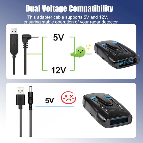Diagram showing dual voltage compatibility for USB To DC 3.5 Power Cable For Radar Detectors 12V 6.56ft Long with radar detector