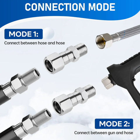 360 Degree Swivel Pressure Washer Fitting Three Eighths NPT Thread For Up To 5000 PSI keeps hose from tangling, stainless steel connector