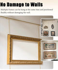 Adjustable Picture Rail Hanging System With Brass Chain Hooks No Damage Wall Track For Gallery Displays Metal Frame Hanger Kit Easy Setup For Home Decor And Museum Style Artwork Suspension Pole 150cm Long, brass rail on wall with hanging picture frames