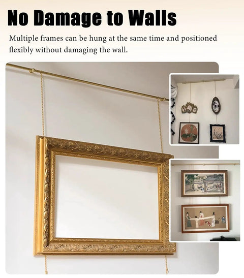 Adjustable Picture Rail Hanging System With Brass Chain Hooks No Damage Wall Track For Gallery Displays Metal Frame Hanger Kit Easy Setup For Home Decor And Museum Style Artwork Suspension Pole 150cm Long, brass rail on wall with hanging picture frames