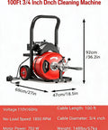 Heavy Hit 100 Ft Auto Feed Drain Cleaner With Three Quarter Inch Cable And Six Interchangeable Blades To Bust Through Stubborn Toilet Sink Pipe Clogs No Sweat Sewer Snake Power Tool with red design and dimensions.