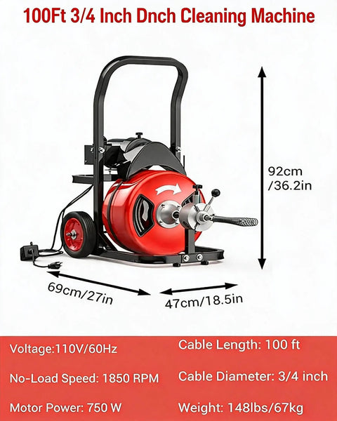 Heavy Hit 100 Ft Auto Feed Drain Cleaner With Three Quarter Inch Cable And Six Interchangeable Blades To Bust Through Stubborn Toilet Sink Pipe Clogs No Sweat Sewer Snake Power Tool with red design and dimensions.