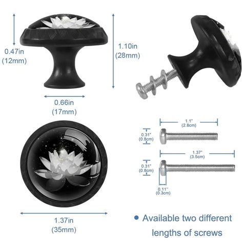 4 Piece Round Drawer Pulls And Knobs For Cabinets And Drawers With Fantasy Flower Lotus Design Easy Install Rust Resistant Glass And ABS Handles Durable Dresser Cabinet Hardware With Stainless Steel Screws, side view with measurements, available screws, black color.
