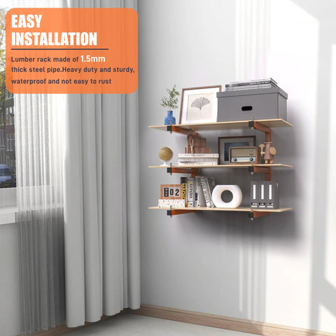 Wall Mounted Lumber Storage Rack With Six Tier System Heavy Duty Wood Organizer For Garage And Workshop 1320 Lb Capacity Built To Last Orange Metal Racks For Indoor And Outdoor Use 4 Pack, decorated shelves with items against wall