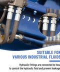 Front view of hydraulic hose fittings set with 3/8 in ID hoses and 3/8 in NPTF male ends; silver crimp fittings with protective covers on blue equipment.