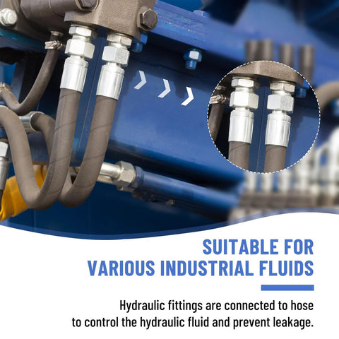Front view of hydraulic hose fittings set with 3/8 in ID hoses and 3/8 in NPTF male ends; silver crimp fittings with protective covers on blue equipment.
