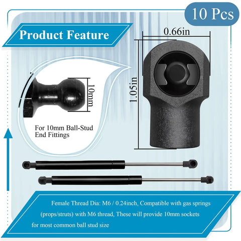 Top Grade Durable Steel M6 Female Thread Gas Spring Strut End Fittings for 10Mm Ball Studs, 10 piece set with dimensions.