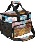 Insulated Picnic Backpack With Lunch Box For Women And Men, 12x8.7x10 Inch, scenic landscape print, side angle with strap