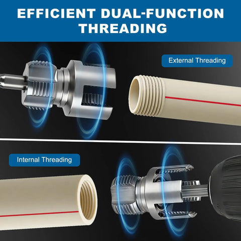 Three Piece PVC Pipe Threading Tool Set For One Half Inch, Three Quarter Inch, And One Inch Pipes With Dual Internal And External Threaders, Carbon Steel Construction And Drill Compatibility For DIY Plumbing By Lustriix showing threading