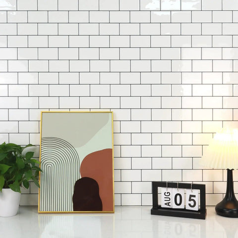 Thick Peel And Stick White Subway Tile Backsplash Kit With Ten 12 By 12 Inch Self Adhesive Tiles for kitchen wall decor.