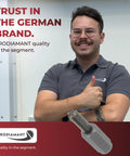 A man in a grey shirt with a thumbs-up gesture next to a Fast Mortar Joint Cleaning Cutter With 3 Tungsten Carbide Edges.