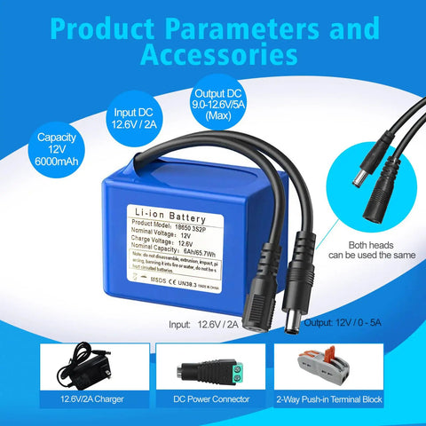 12V 6000mAh Rechargeable Lithium Ion Battery Pack With Charger and connectors for RC cars, drones, LED, and CCTV
