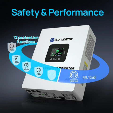 Powerful 5000W 48V Solar Inverter Charger With WiFi showing control panel and safety features.