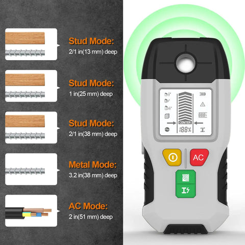 6 in 1 Stud Finder Wall Scanner, Electronic Center and Edge Detector with HD LCD Display showing stud and metal modes.