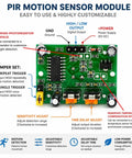 Two Pack PIR Motion Sensor Module With Adjustable Sensitivity And Delay For Your Arduino Setups 5V DC Green PCB Detects Human Motion Up To Seven Meters At A 110 Degree Field Of View For Indoor Lighting And Security, labeled board