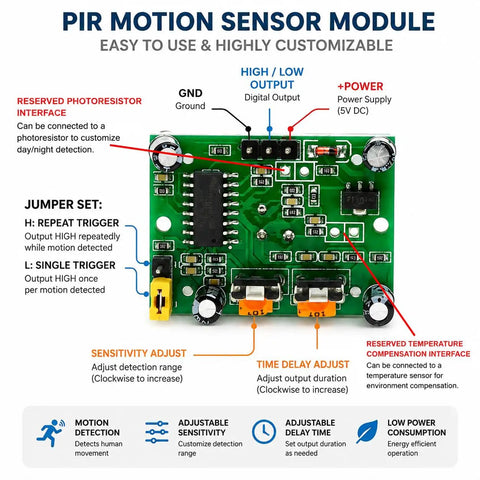 Two Pack PIR Motion Sensor Module With Adjustable Sensitivity And Delay For Your Arduino Setups 5V DC Green PCB Detects Human Motion Up To Seven Meters At A 110 Degree Field Of View For Indoor Lighting And Security, labeled board