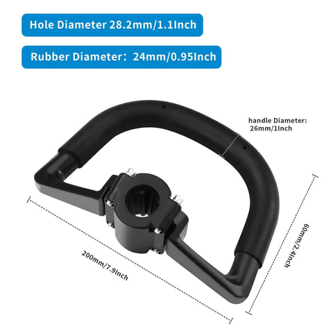 Universal Loop Handlebar Mounting Hardware Kit with rubber handle, holes for screws, fits STIHL FS, trimmer tools, size diagram