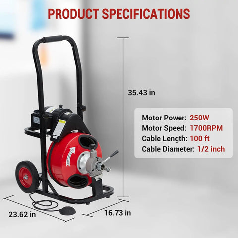 Heavy Duty Electric Drain Snake Auger with 100 foot cable features 250W motor and 1/2 inch cable diameter for unclogging pipes.
