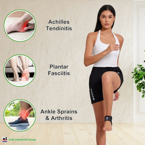 Woman wearing an Achilles Tendon Support Ankle Wrap with 3D Breathable Knit for pain relief and ankle sprain support.