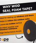 Tight As A Drum Closed Cell Sponge Rubber Foam Tape 3/8 Inch Wide By 3/16 Inch Thick By 50 Feet Long self-sticking rolls on a background.