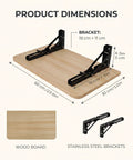 Slick Folding Wall Mounted Projector Shelf In Solid Natural Wood, Compact Floating Bracket For Routers And Cable Boxes, dimensions and brackets shown.