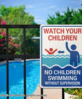 Two Pack Pool Safety Signs Bundle 14x10 Outdoor Pool Signs Stay Safe By The Pool Watch Your Kids Swim At Your Own Risk Weatherproof 0.040 Aluminum Easy To Mount Durable For Backyard Pools PSP-2403 installed on a fence.