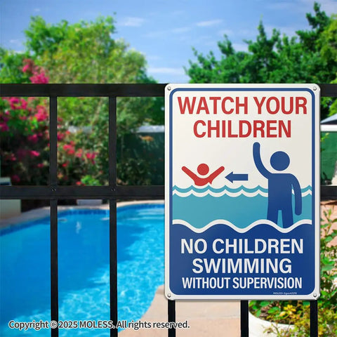 Two Pack Pool Safety Signs Bundle 14x10 Outdoor Pool Signs Stay Safe By The Pool Watch Your Kids Swim At Your Own Risk Weatherproof 0.040 Aluminum Easy To Mount Durable For Backyard Pools PSP-2403 installed on a fence.