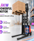 Heavy Duty 3300 Lbs Electric Pallet Stacker With Manual Push Handles For No Sweat Warehouse Loading and Industrial Grade Material Handling Rigs Built To Last showing 1.6KW motor lifting a pallet.