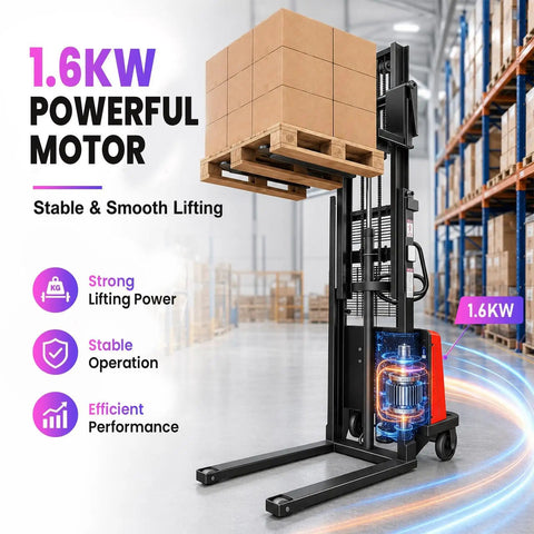 Heavy Duty 48V 1600W Semi Electric Pallet Stacker with 1.6KW motor lifting stacked boxes in a warehouse.