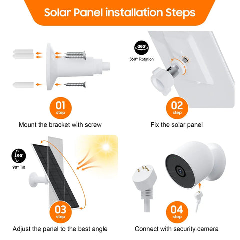 Solar Panel Charger For Google Nest Camera 2 Pack Upgraded Outdoor Indoor Battery Version Flexible Panels With IP65 Waterproof 13.1 Ft Charging Cable Included installation steps