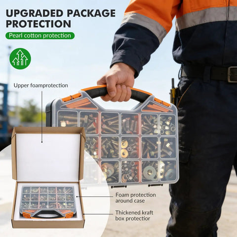 Pro Grade 5 Zinc Hex Bolts With Nylon Lock Nuts And Large Flat Washers kit in protective case held by a worker.