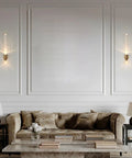 Snazzy Slick Led Wall Sconces For Modern Home Refresh Up And Down Adjustable Glass Shade Bedside Premium Fixture With Top Shelf Vibes For Living Room Bathroom 2 Pack on wall beside a plush beige sofa.