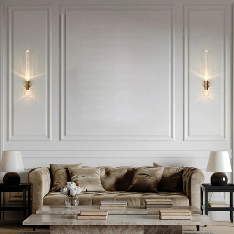Snazzy Slick Led Wall Sconces For Modern Home Refresh Up And Down Adjustable Glass Shade Bedside Premium Fixture With Top Shelf Vibes For Living Room Bathroom 2 Pack on wall beside a plush beige sofa.
