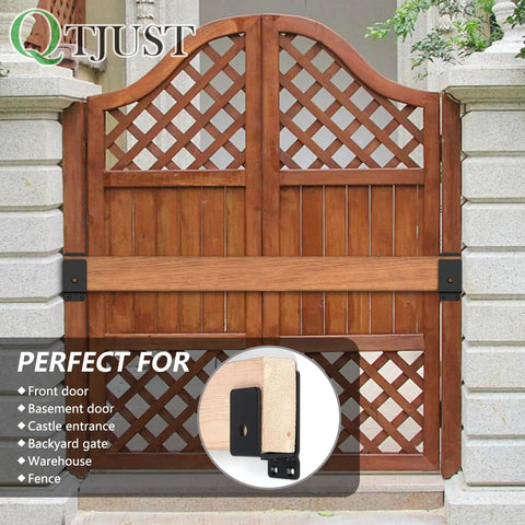 Wooden gate reinforced with Beefed Up Heavy Duty 2x4 Door Barricade Brackets, showcasing 4mm steel construction for home security.