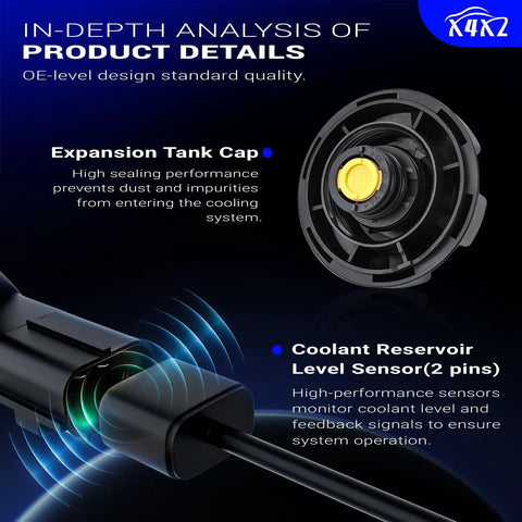 No Sweat Coolant Overflow Reservoir Tank With Cap Straight Swap And Plug In Setup For 2016-2020 BMW 530i 540i 640i GT 740i close-up of tank cap and level sensor details.