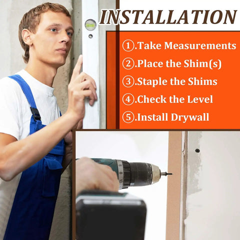 Installation steps for 200 Piece Heavy Duty Cardboard Drywall Shims For Straightening Wavy Studs And Lifting Baseboards.