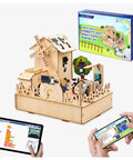 ESP32 Smart Farm Kit for Teens and Adults, Arduino and Scratch Compatible IoT Greenhouse With Auto Watering, Pet Feeder, Solar Windmill, Hands-On DIY Coding Project Gift for Learning and Fun kit with wooden farm model, box, tablet, and phone