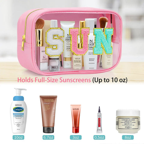 Clear Sunscreen Zipper Bag For Beach And Pool, Waterproof See Through Makeup Pouch With Glitter Sun Design, filled with cosmetics