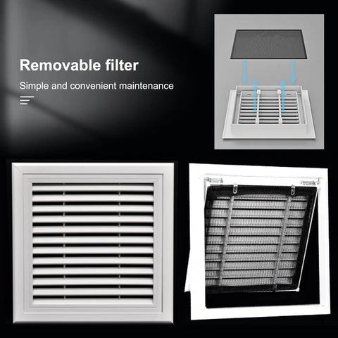 Solid Build Aluminum Louvered Access Panel Door With Built In Filter Grid shows removable filter for easy maintenance.