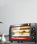 No Fuss Compact Countertop Oven For Pizza Roasting And Quick Breakfast Baking With Durable Stainless Steel Construction, red model with baked goods visible.