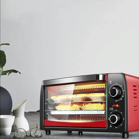 No Fuss Compact Countertop Oven For Pizza Roasting And Quick Breakfast Baking With Durable Stainless Steel Construction, red model with baked goods visible.