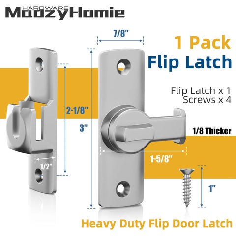 Heavy Duty Badass Flip Door Latch With Slick Silver Coating And Smooth 90 To 180 Degree Action For Barn Doors Cabinets And Bathrooms True No Sweat Easy Setup Guaranteed, showing dimensions of 3" x 2-1/8".
