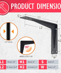 14 Inch Black Shelf Bracket Set dimensions and thickness, heavy duty corner braces, industrial modern farmhouse style, right angle mounts