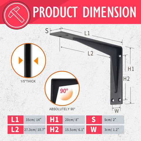 14 Inch Black Shelf Bracket Set dimensions and thickness, heavy duty corner braces, industrial modern farmhouse style, right angle mounts